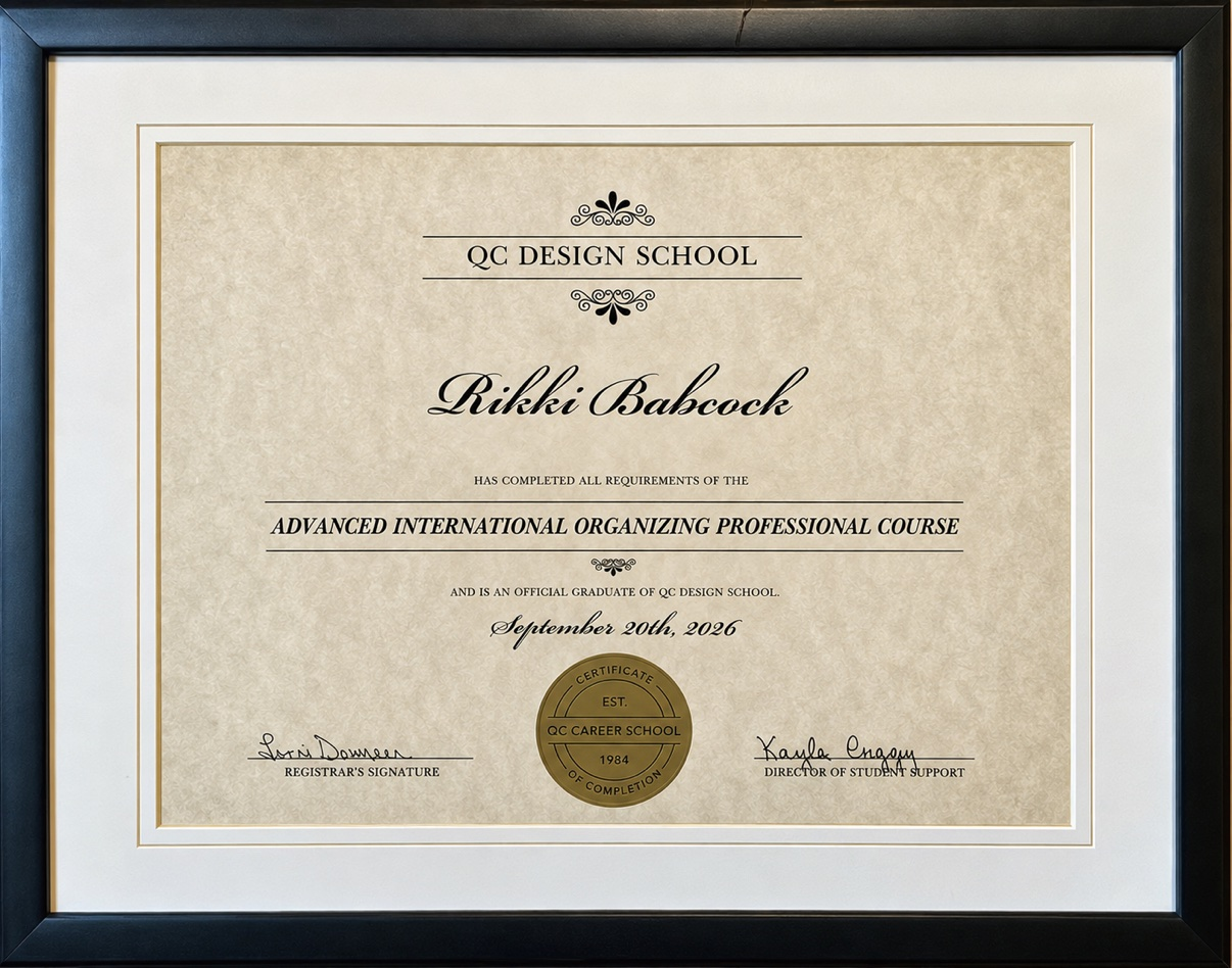 Rikki Babcock, Advanced International Organizing Professional Course graduate, QC Design School, September 20, 2026.